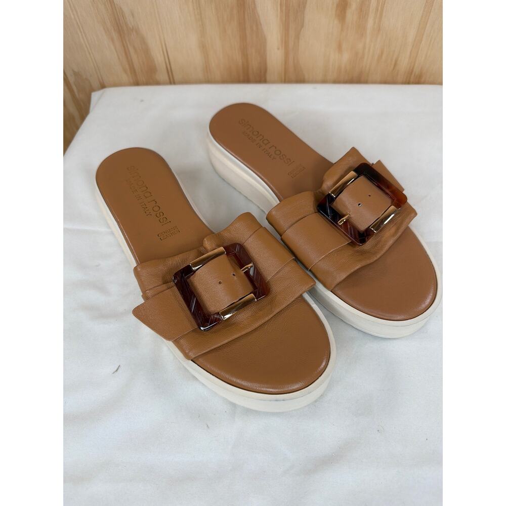 Simona Rossi Leather Platform Slide Sandals Tan Size 9 Resort Travel Vacation
